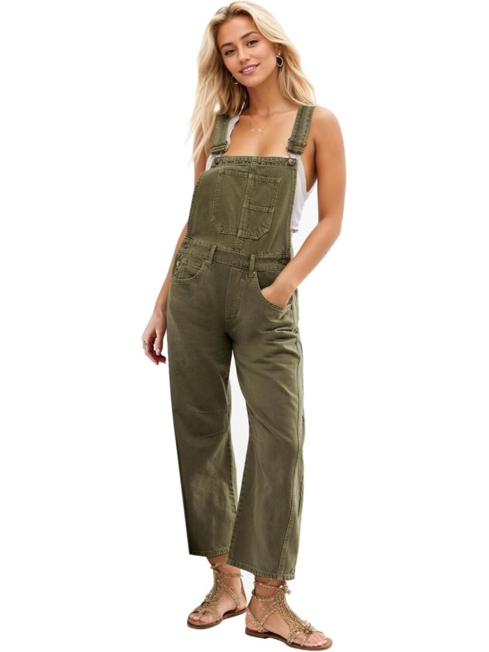 Women's Green Denim Bib Overalls Barrel Leg Adjustable Straps Y2K Jean Jumpsuits